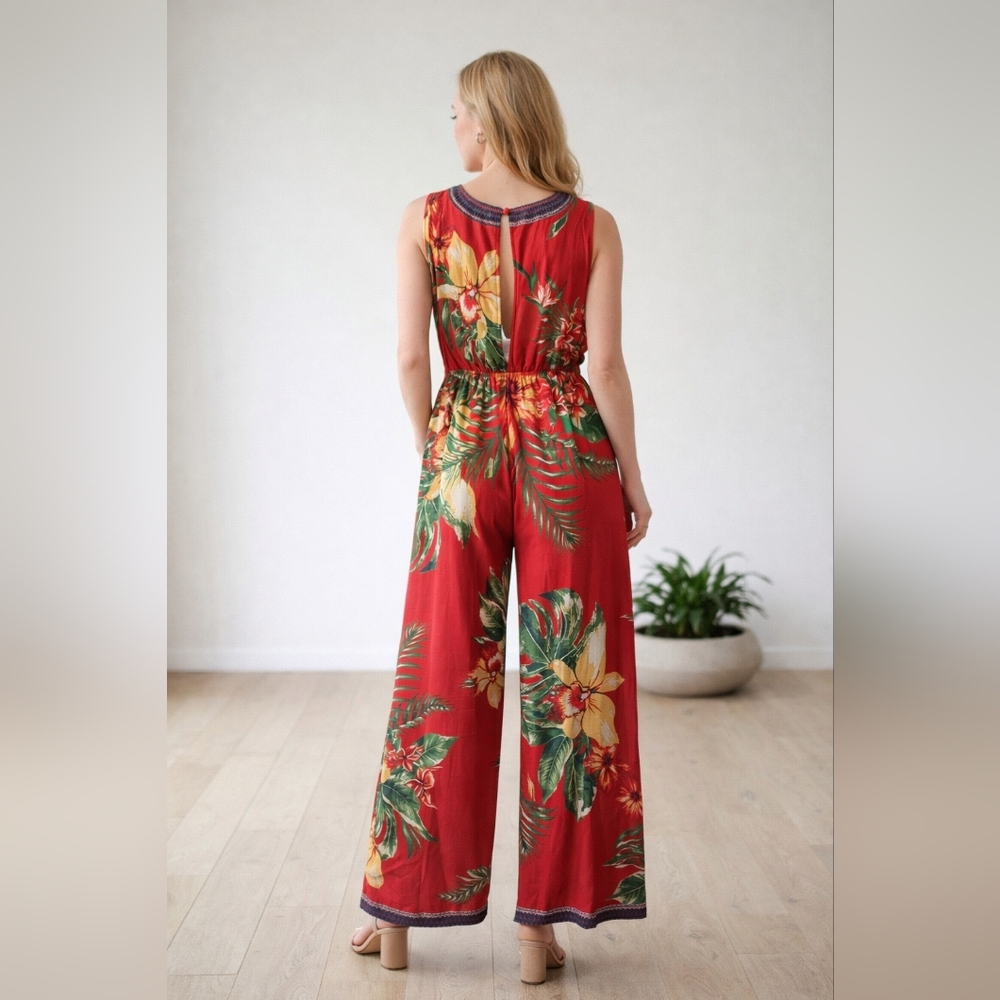 Flying Tomato Red Tropical Floral Wide Leg Jumpsuit Hibiscus Print Size XS - Picture 2 of 16